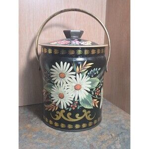 Vtg Murray Allen Imported Confections Tin Made in England Black w/ White Daisies